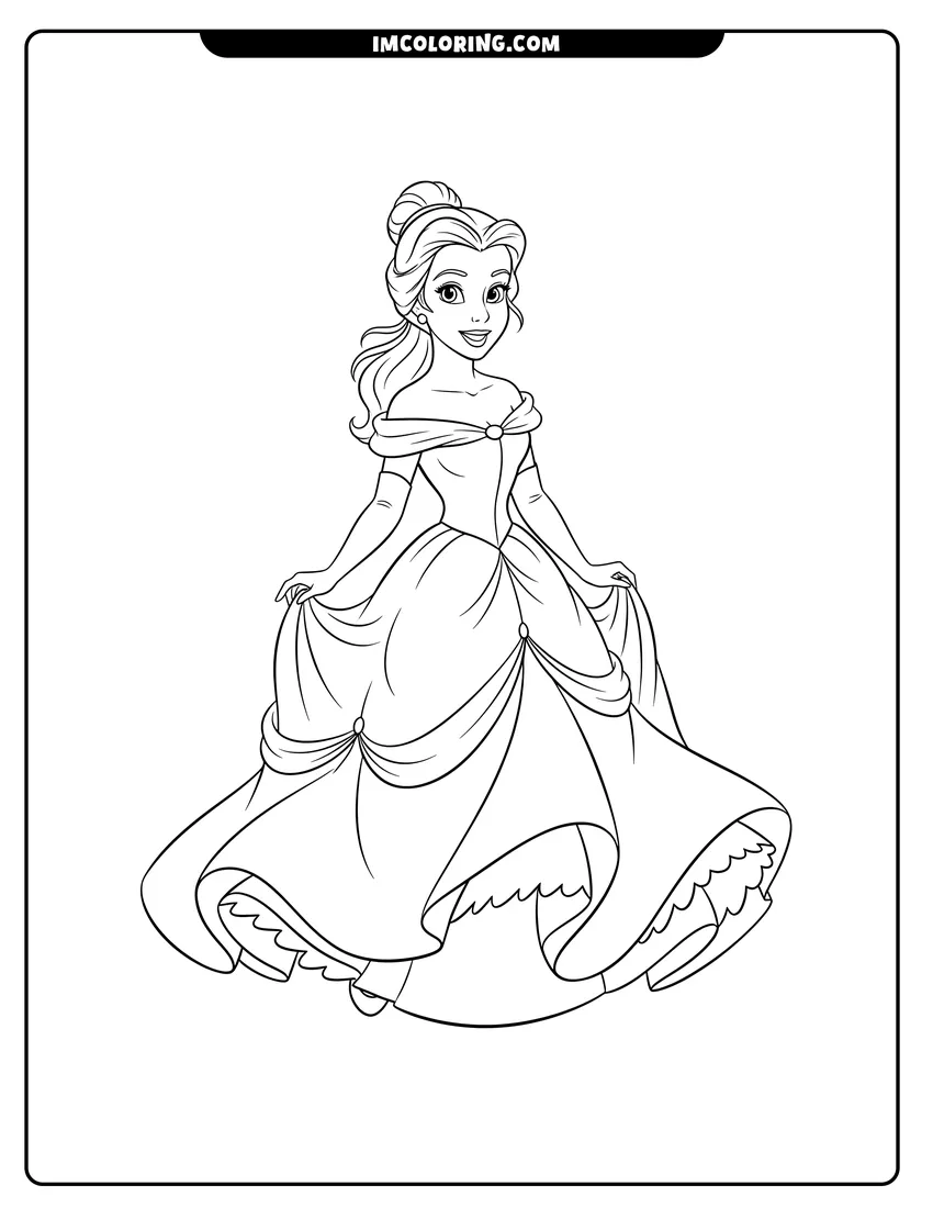 Printable coloring page featuring Princess Belle twirling in a ruffled ballgown