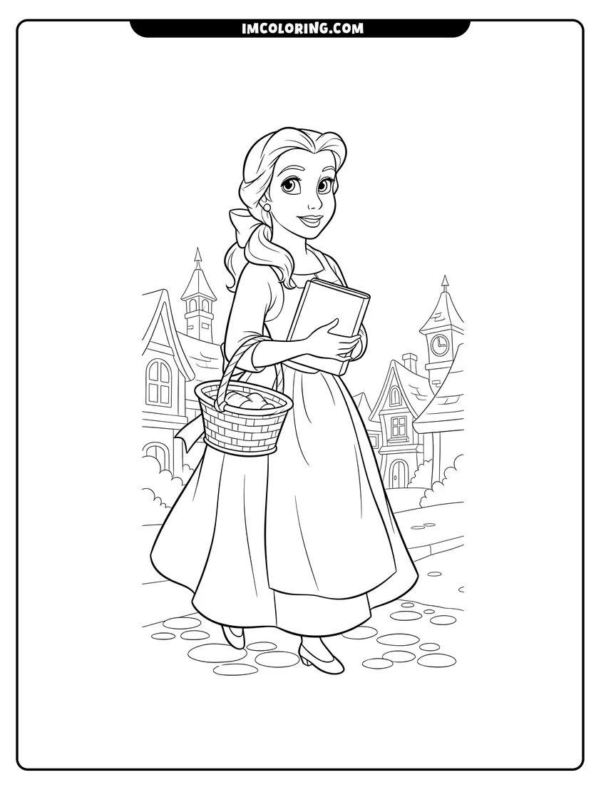 Kawaii style Belle walking with a basket and a book coloring picture