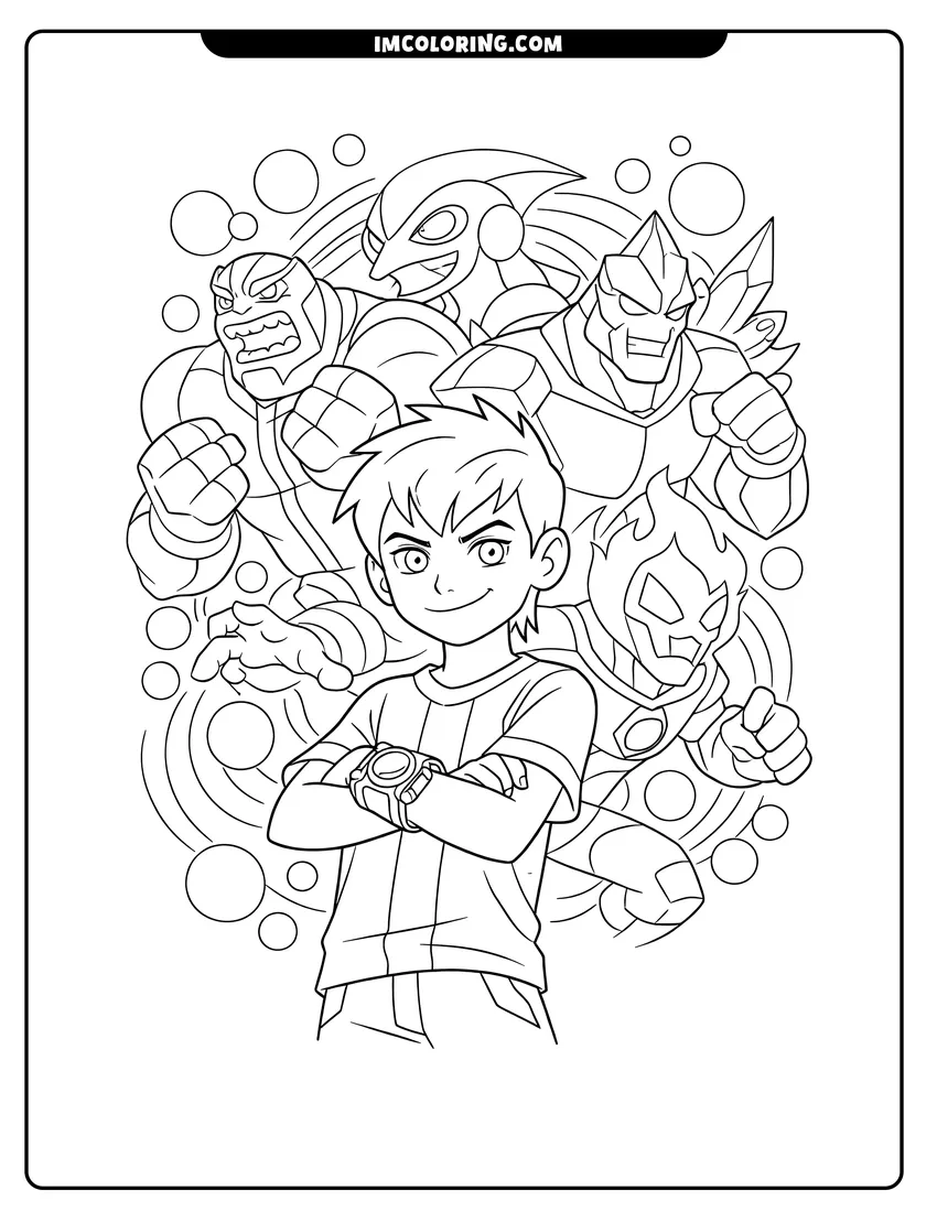 Coloring sheet of Ben Tennyson with classic alien transformations for kids
