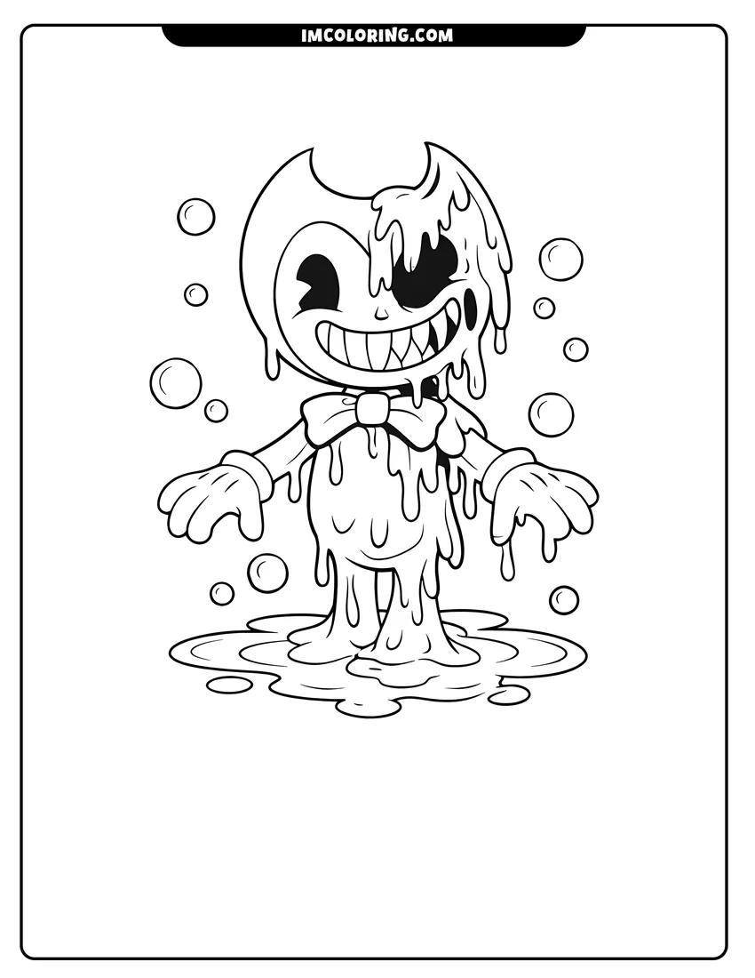 Kids activity sheet showing Bendy transforming into a melting ink monster character