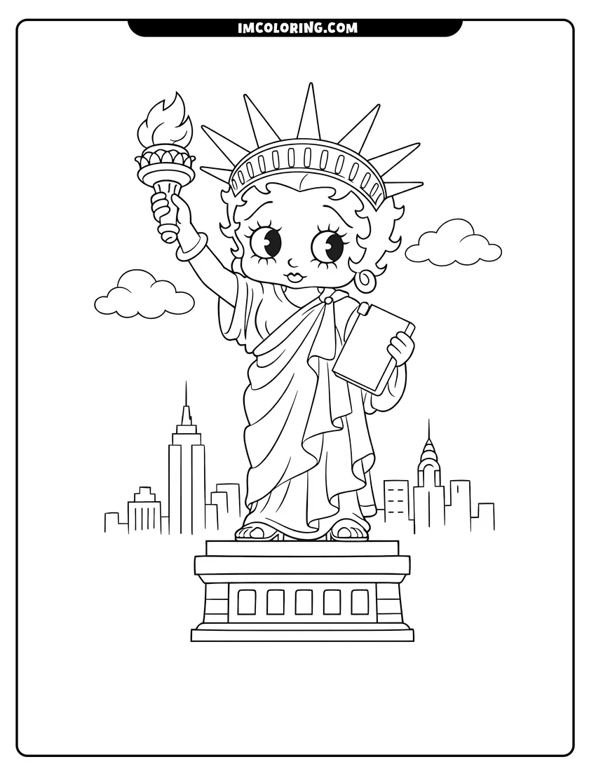 Kids activity sheet showing Betty Boop dressed as the Statue of Liberty