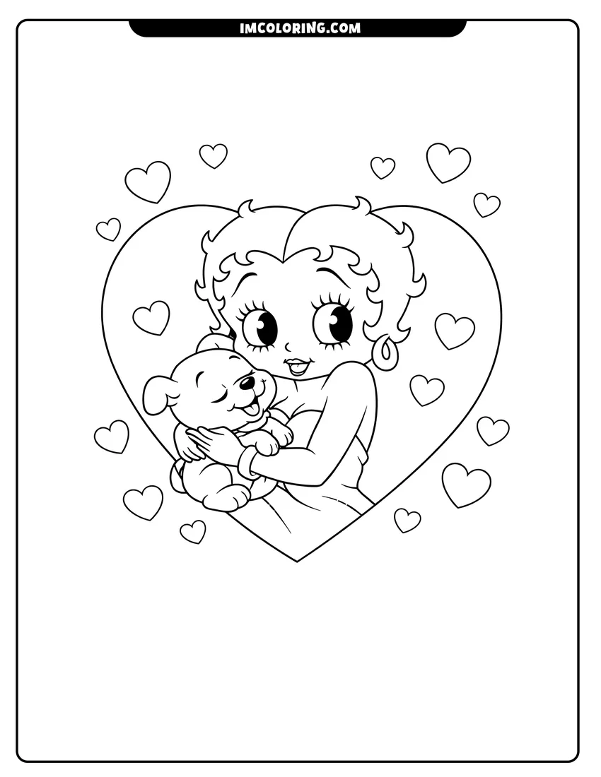 Detailed Betty Boop and her dog Pudgy inside a heart frame design for coloring