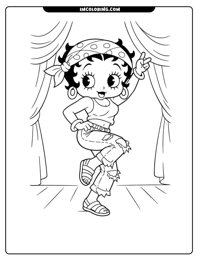 Easy-to-color Betty Boop dancing on stage in retro clothes illustration