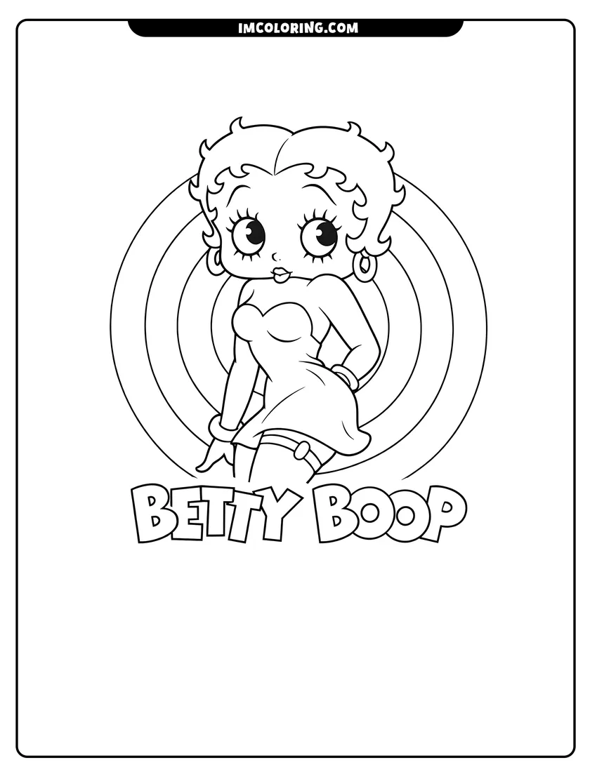 Coloring sheet of Betty Boop posing in front of a circle background for kids