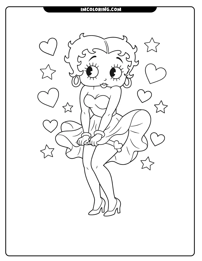 Printable Betty Boop posing with hearts and stars coloring activity