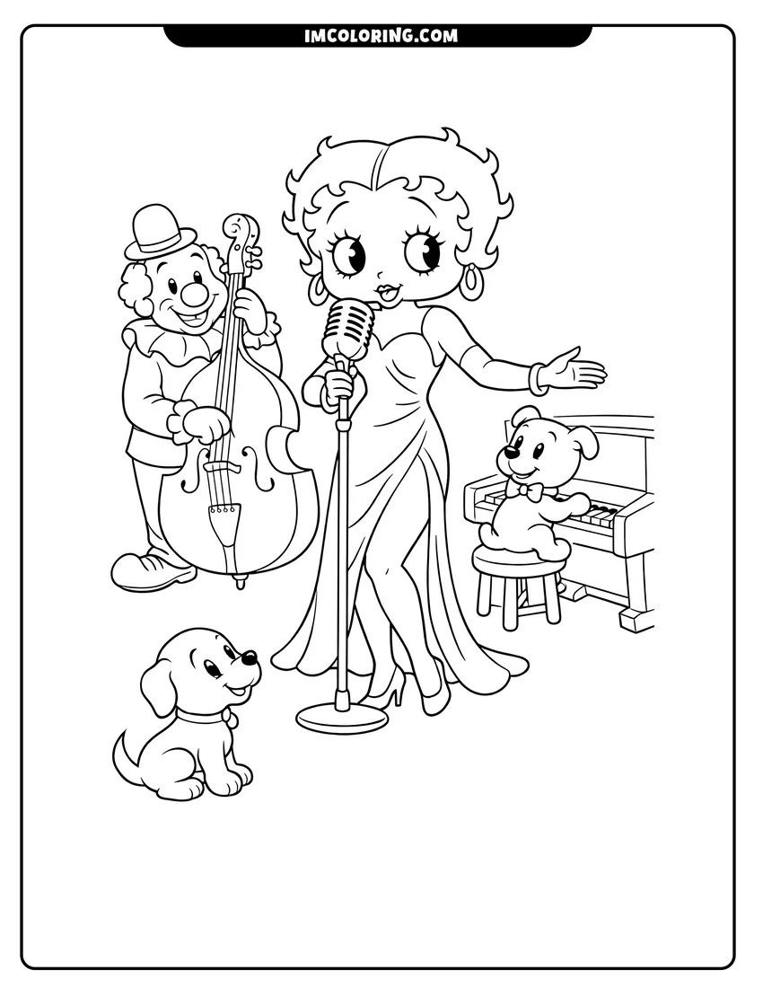 Scene showing Betty Boop singing with a dog and clown band to color