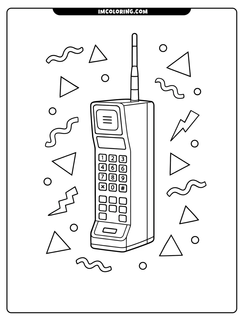 Kawaii style 80S handheld brick phone with antenna coloring picture