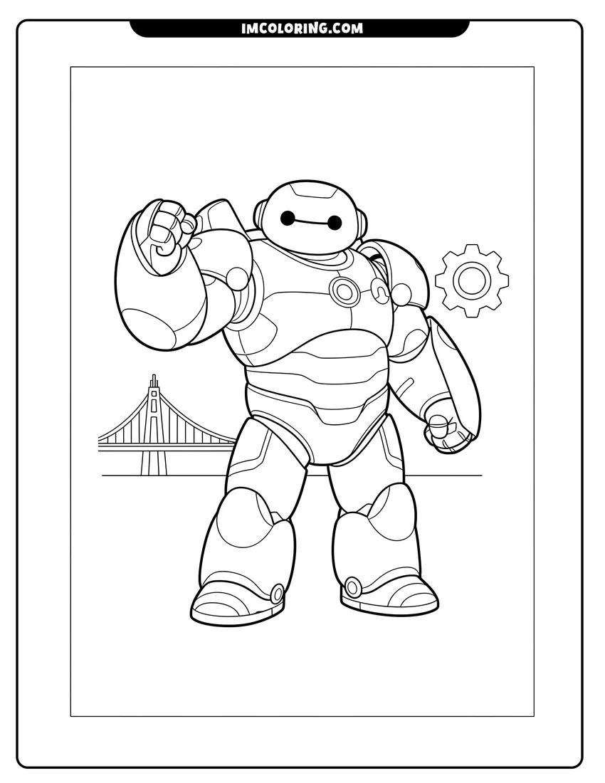 Easy-to-color Armored Baymax standing in a powerful hero pose illustration
