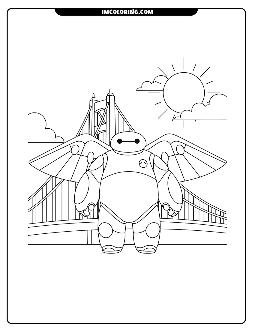 Baymax in super armor with wings near the bridge coloring page for preschoolers