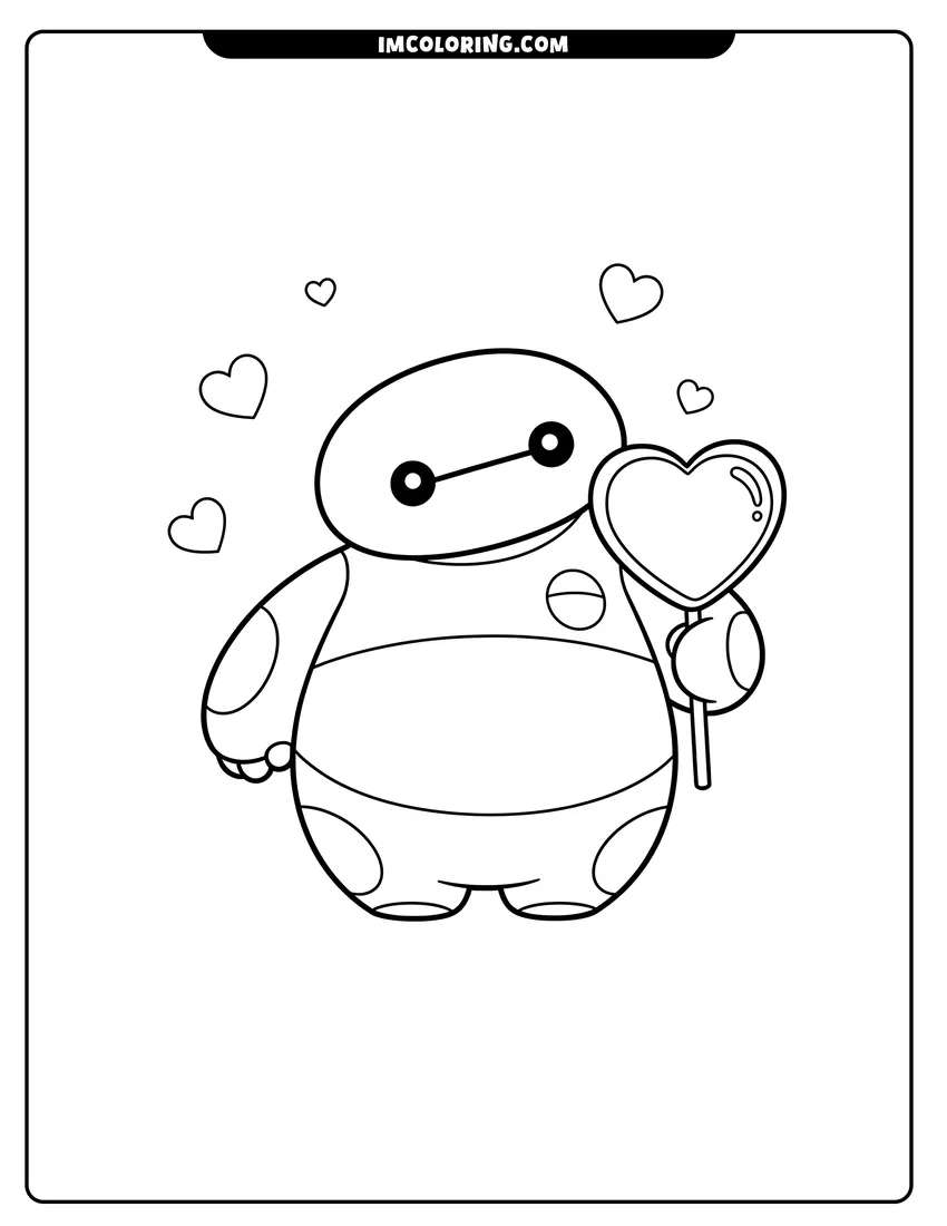 Printable outline of Chibi Baymax holding a heart-shaped lollipop with hearts