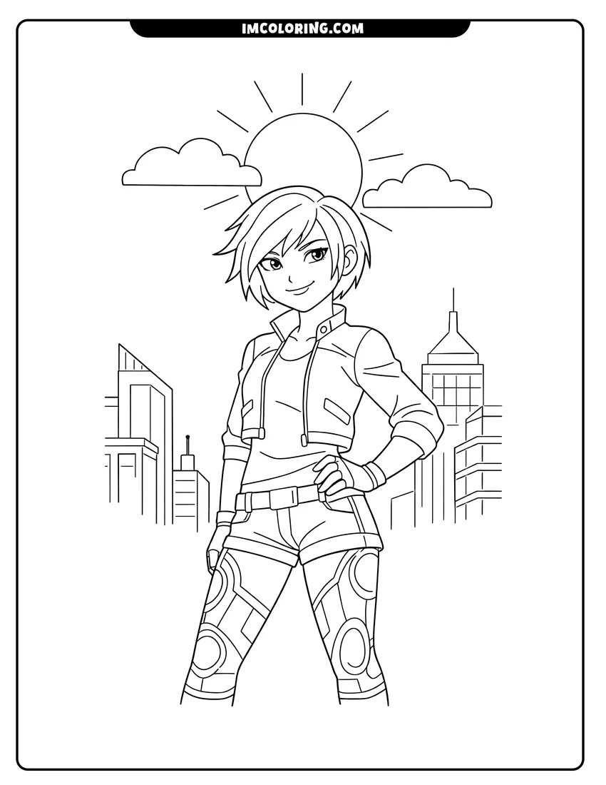 Kawaii style GoGo Tomago smiling in her jacket on a street coloring picture