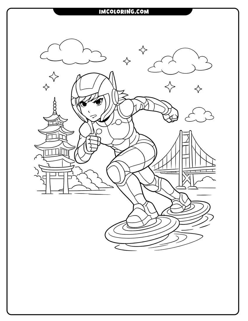 Outline of GoGo Tamago skating on maglev disks in the city on a white background