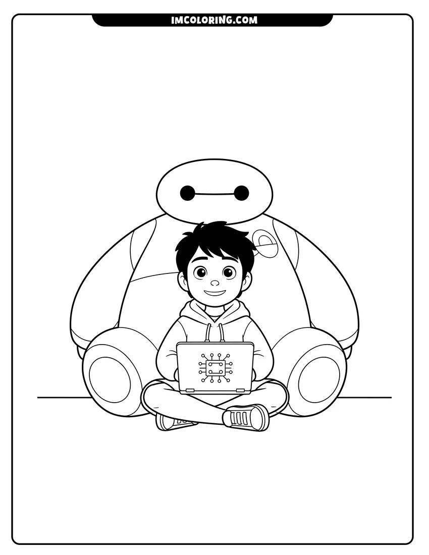 Illustration of Hiro Hamada with a laptop leaning against Baymax ready for painting