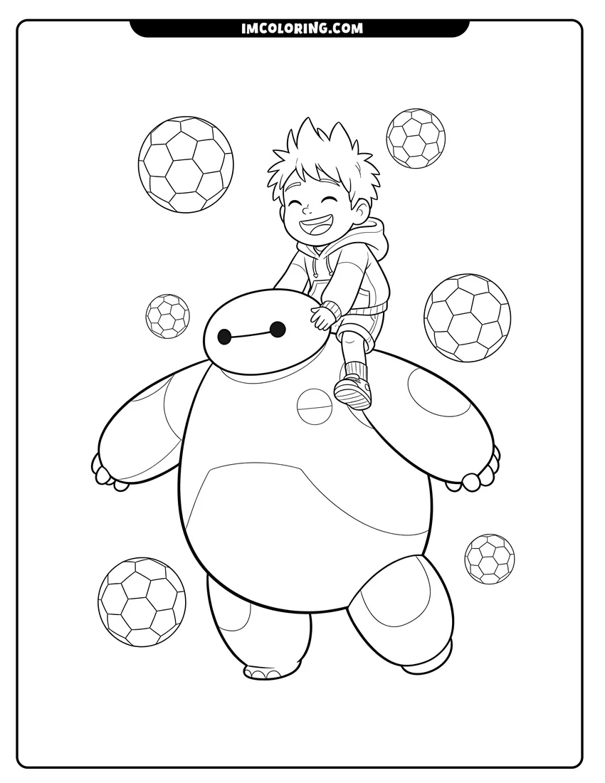 Simple line drawing of Hiro Hamada getting a piggyback ride from Baymax