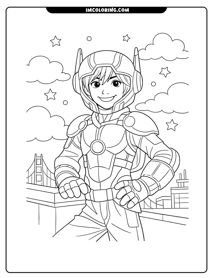 Scene showing Hiro Hamada in detailed superhero armor on a rooftop to color