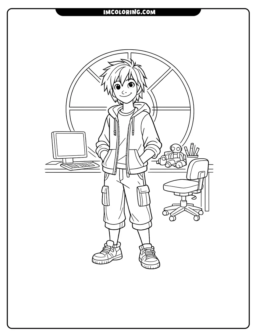 Cute Smiling Hiro Hamada standing in his workshop outline for coloring
