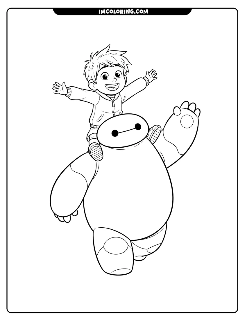 Line art depicting Young Hiro Hamada riding on Baymax's soft shoulders