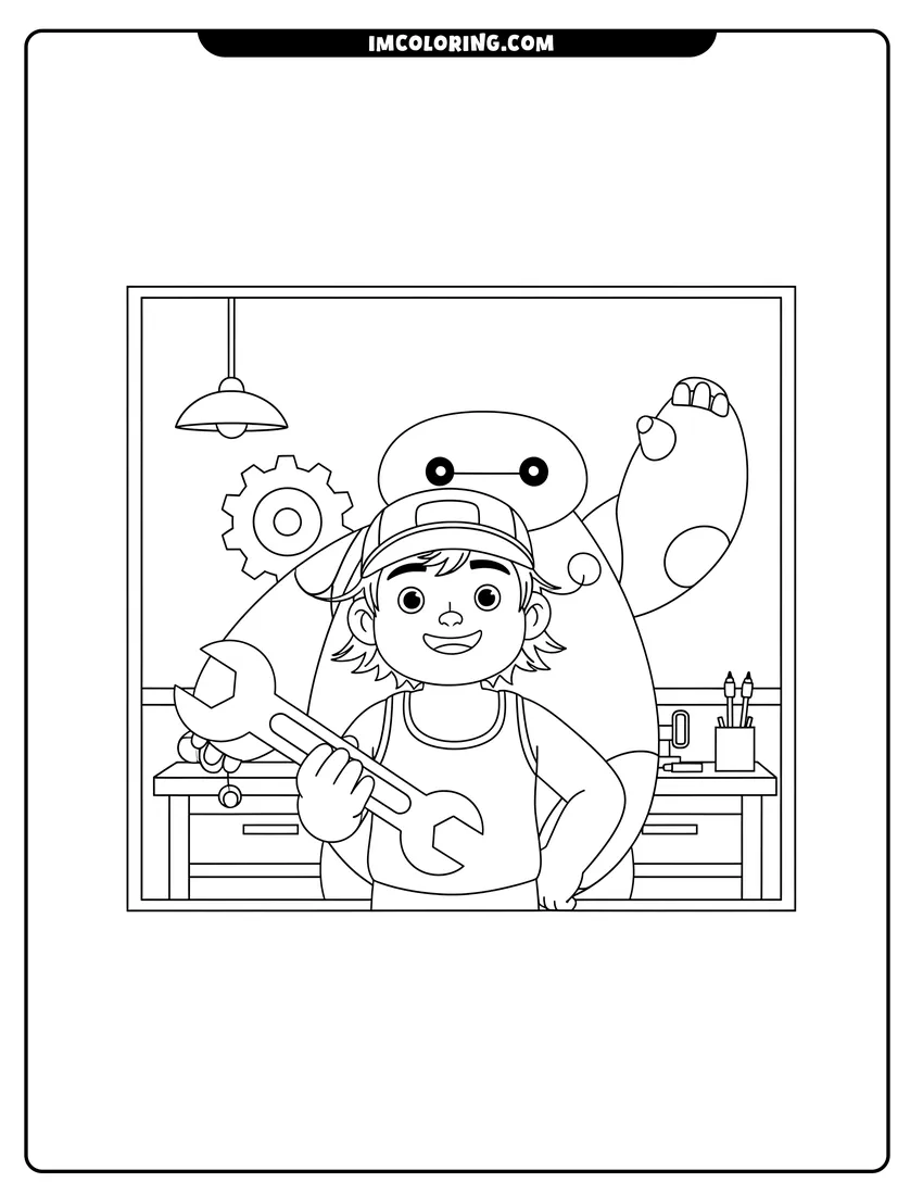 Simple sketch of Tadashi Hamada with a wrench standing before Baymax for children