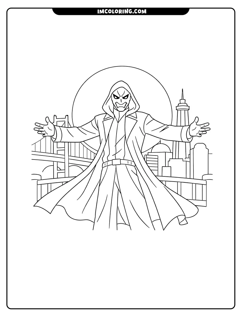 Villain Yokai in a Kabuki mask on a bridge coloring page for preschoolers