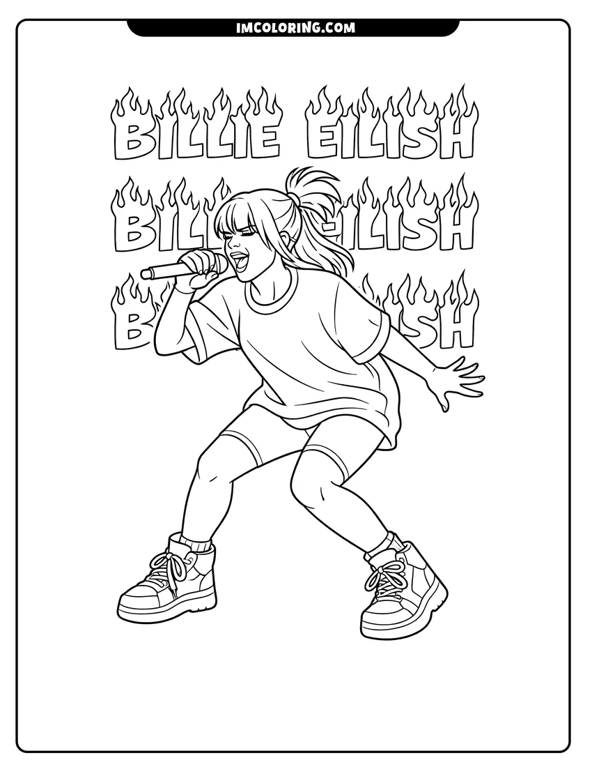 Kawaii style Billie Eilish singing energetically with flame text coloring picture