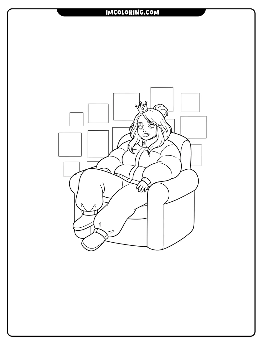 Simple line drawing of Billie Eilish in a crown and puffer jacket