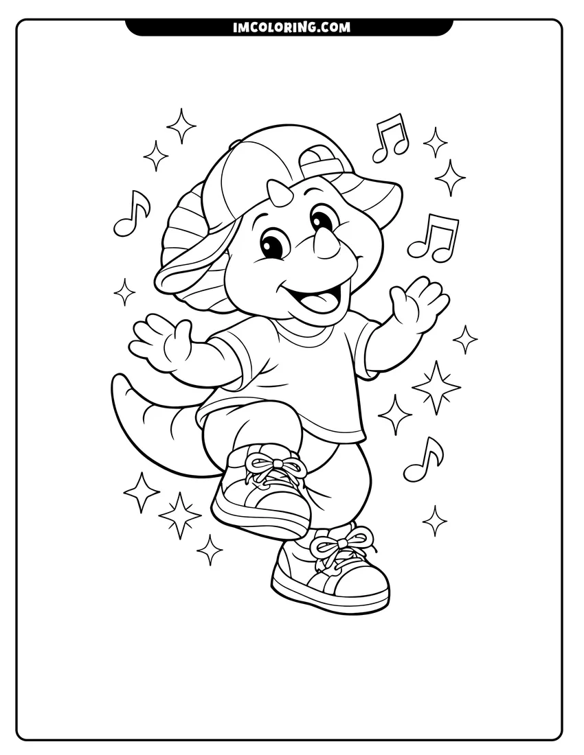 Kids activity sheet showing BJ the dinosaur dancing with musical notes and stars
