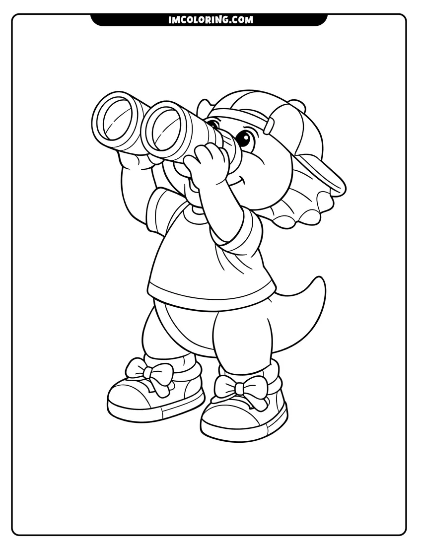 Outline of BJ the dinosaur looking through binoculars on a white background