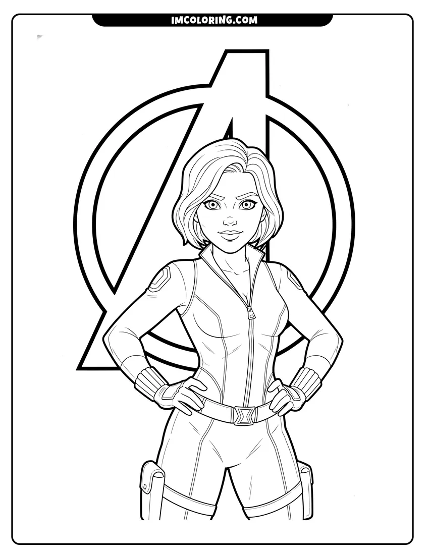 Cute Black Widow standing in front of Avengers logo outline for coloring