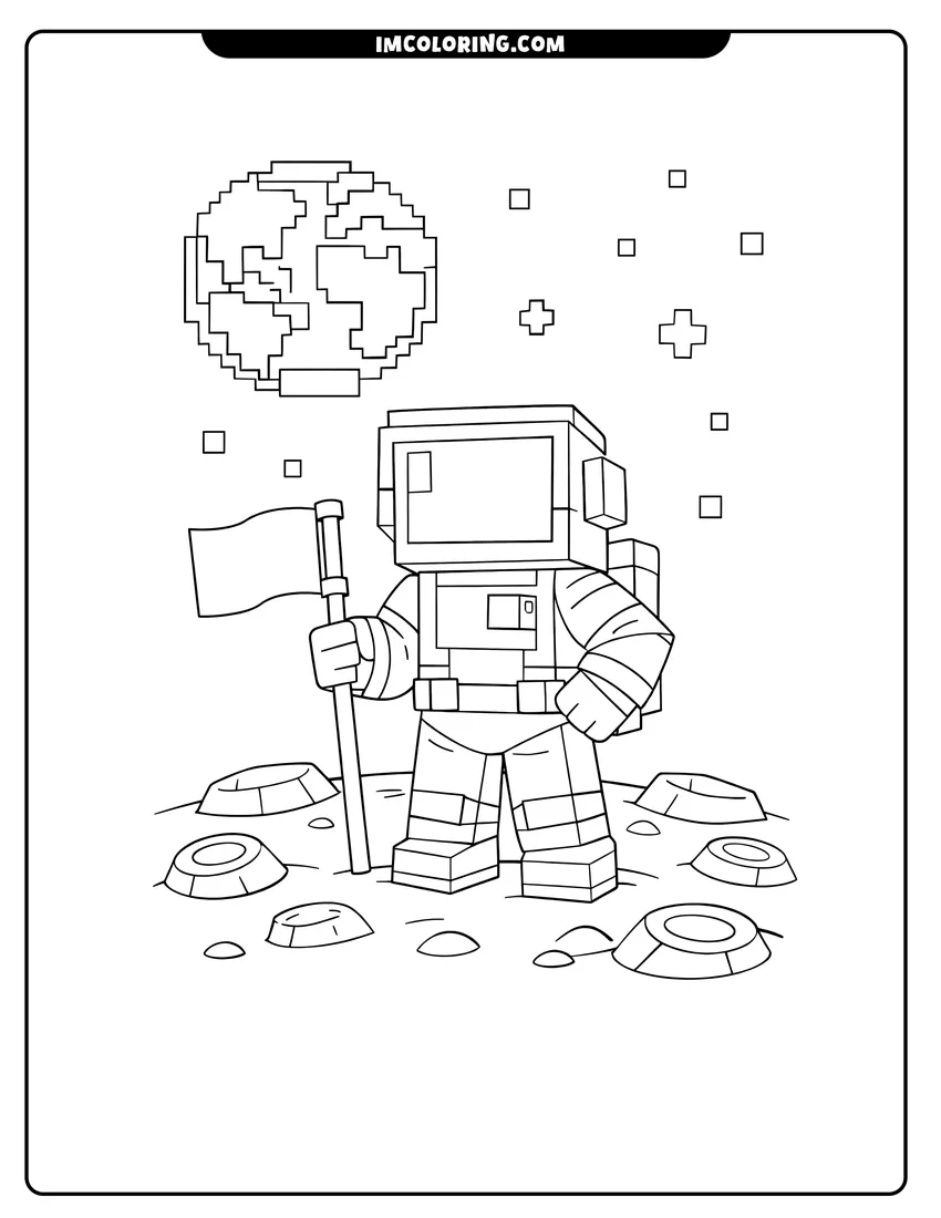 Black and white Minecraft style astronaut standing on a blocky moon coloring sheet