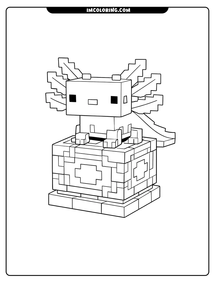 Printable Minecraft axolotl standing on a stone block pedestal coloring activity
