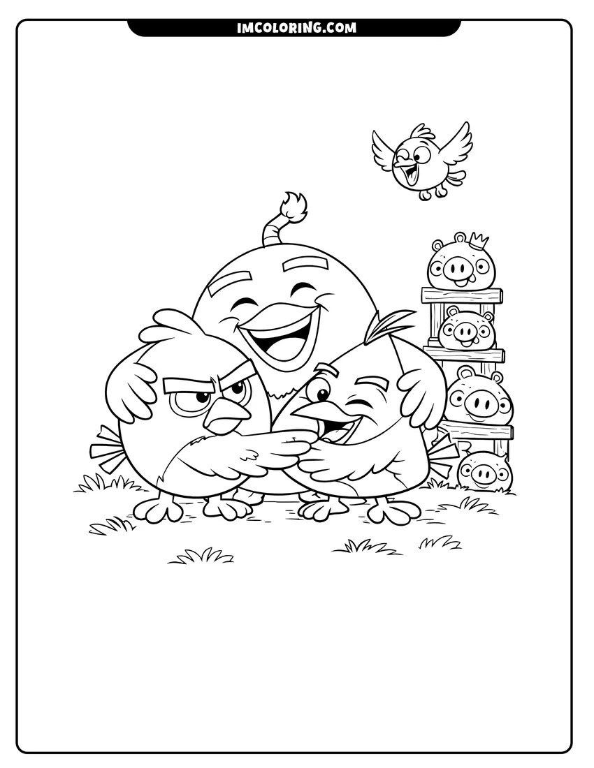 Kids activity sheet showing Bomb hugging Red and Chuck on a grassy field