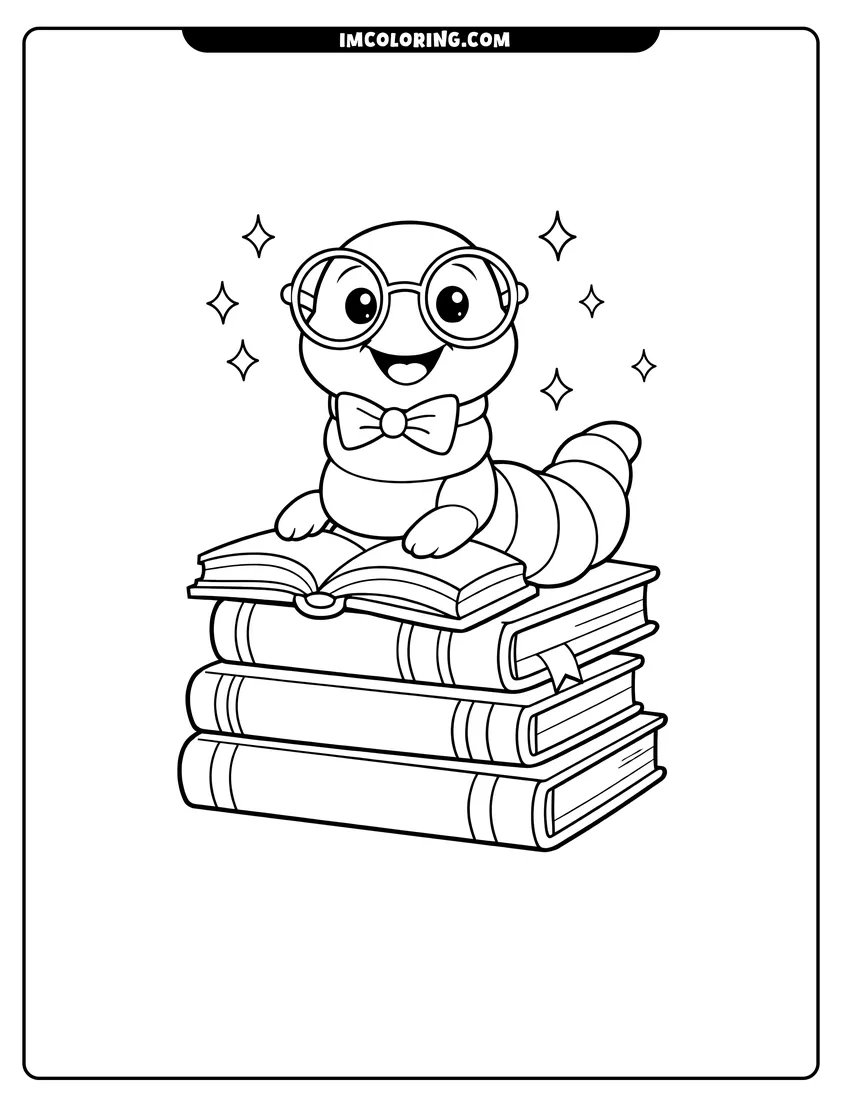 Booker T. Bookworm wearing glasses on books coloring page for preschoolers