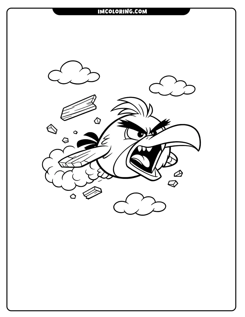 Simple line drawing of Hal the bird flying through broken wood and smoke