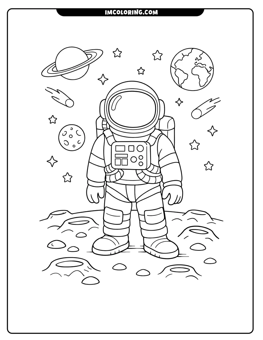 Simple sketch of Astronaut in a spacesuit standing on the moon surface for children