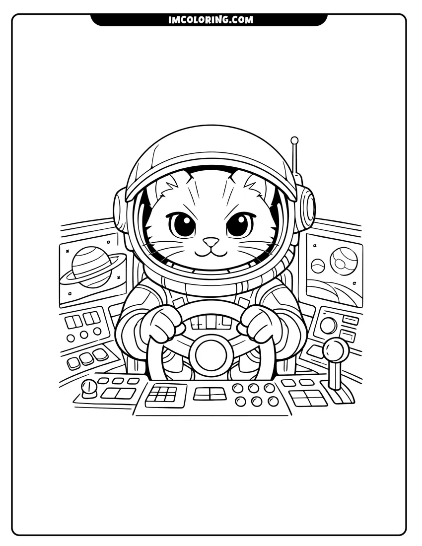 Cat astronaut steering a spaceship from the cockpit coloring page for preschoolers