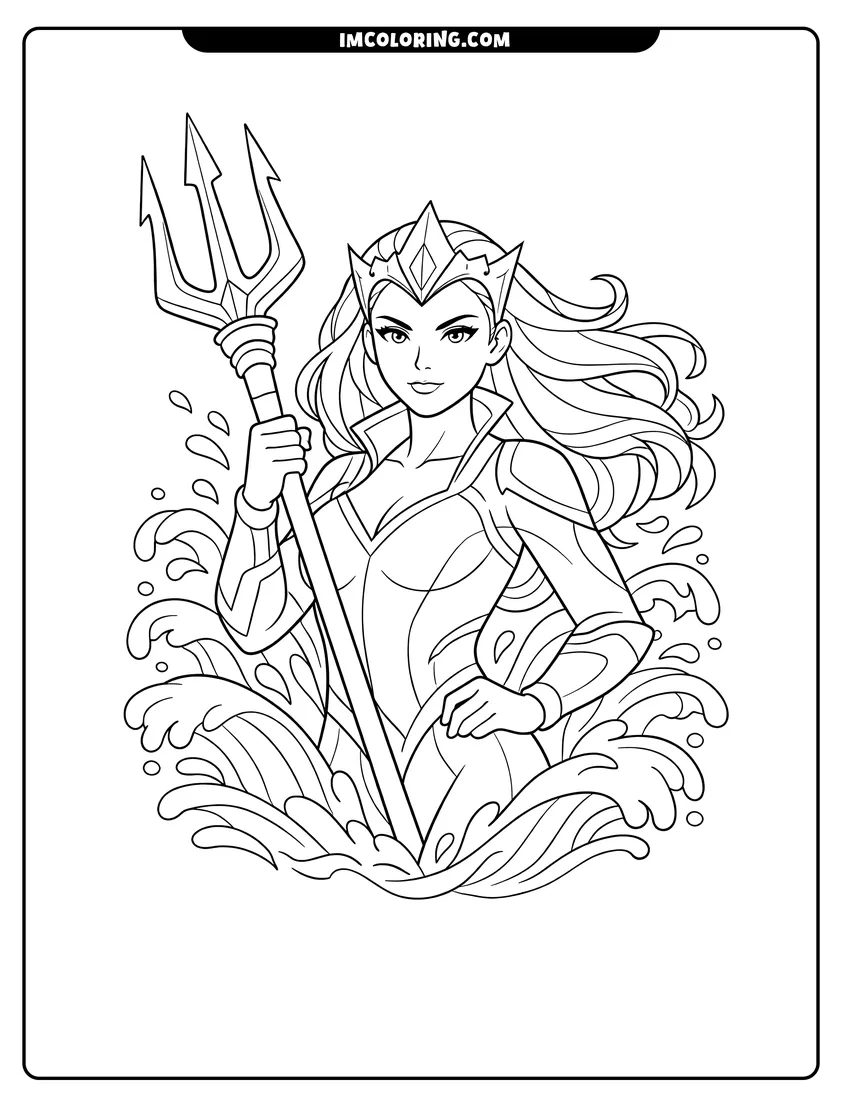 Printable outline of Mera with long hair holding a large trident
