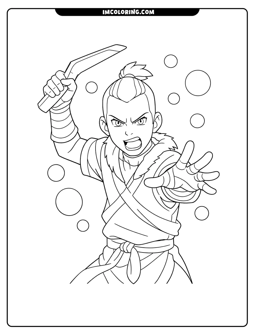 Scene showing Sokka holding his boomerang to color