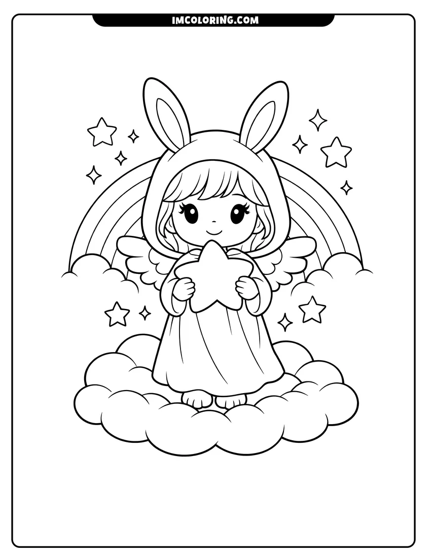 Outline of Angel girl in bunny ears holding a large star on a white background