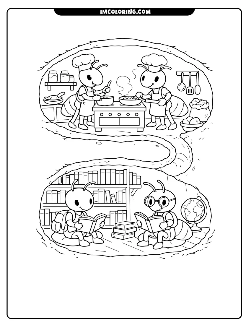 Line art depicting Cross-section of an ant colony with kitchen and library