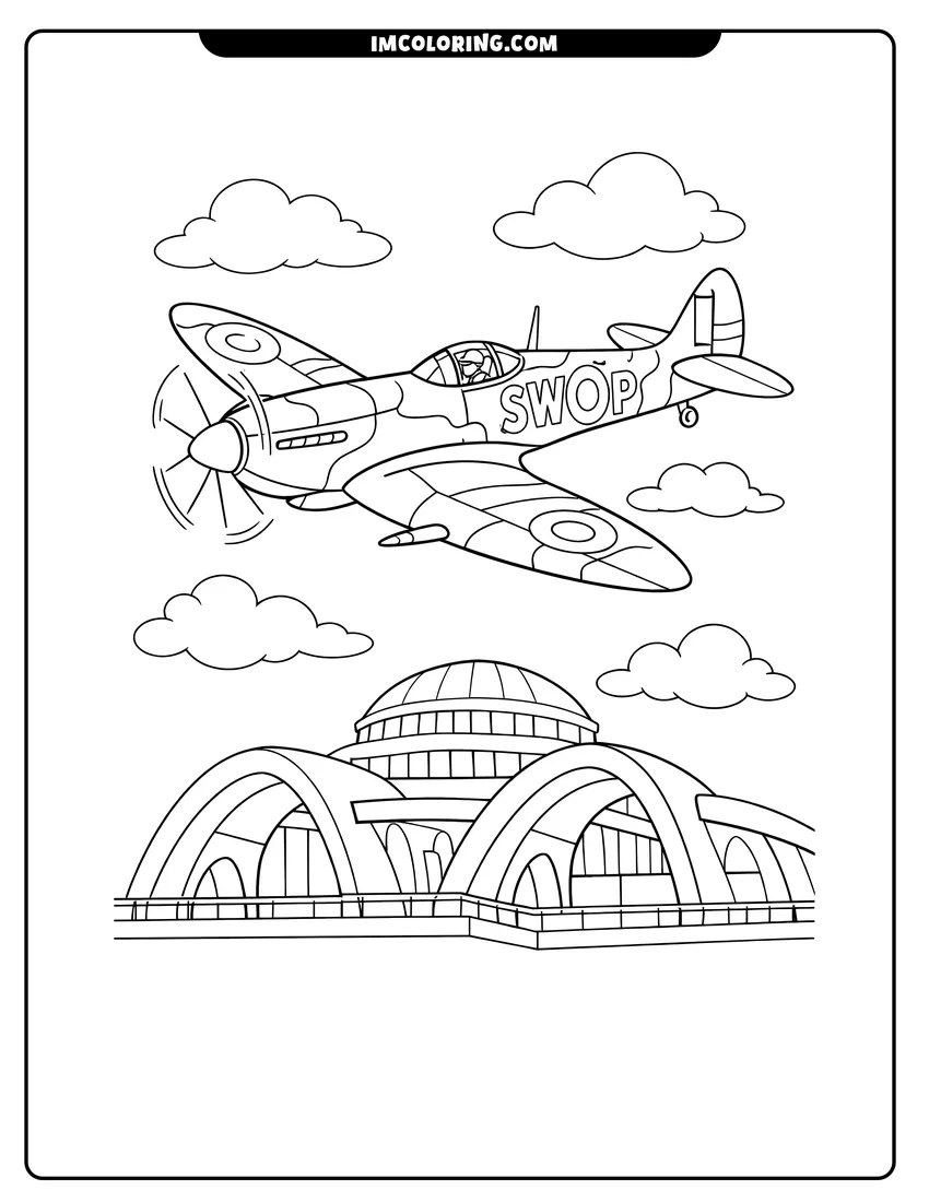Kids activity sheet showing Spitfire airplane with camouflage pattern flying over a building