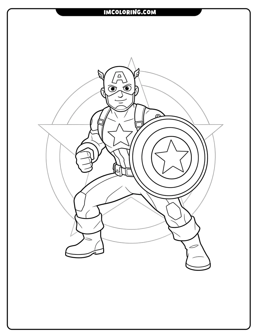Coloring sheet of Captain America in crouching stance with circular shield for kids