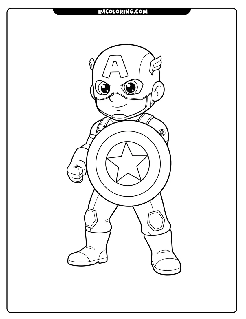 Captain America holding star-spangled shield in defensive stance coloring page for preschoolers