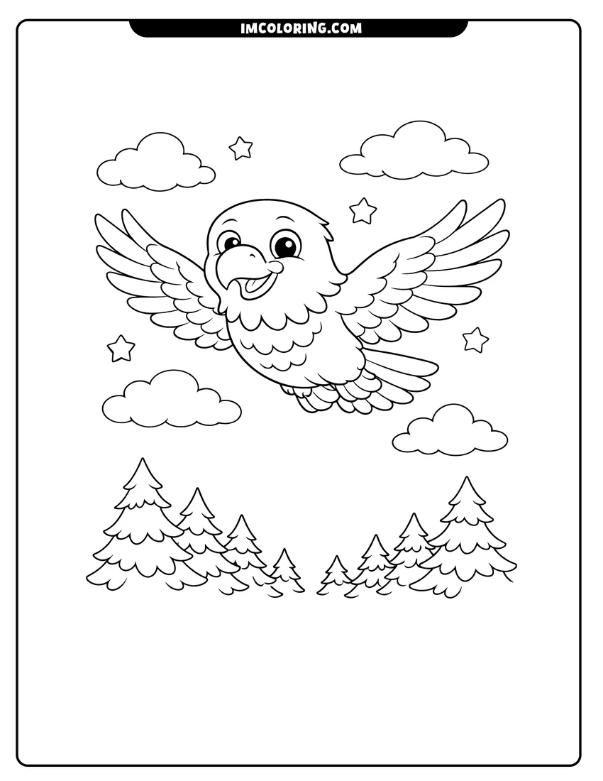 Detailed Cartoon bald eagle flying over a pine forest design for coloring