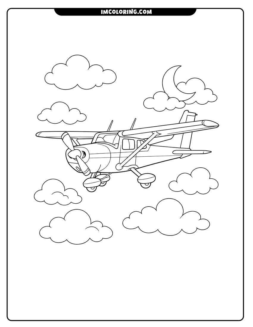 Printable Cessna 172 single-engine airplane with a crescent moon coloring activity