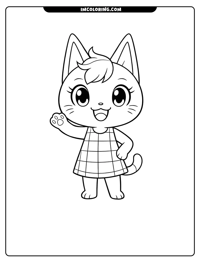 Peppy cat villager waving in a checkered dress coloring page for preschoolers