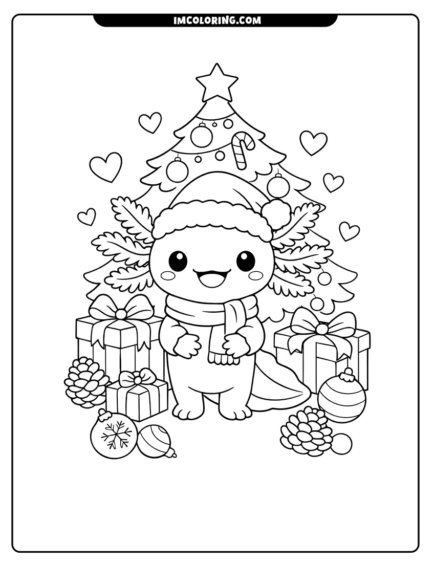 Black and white Axolotl standing in front of a Christmas tree with gifts coloring sheet