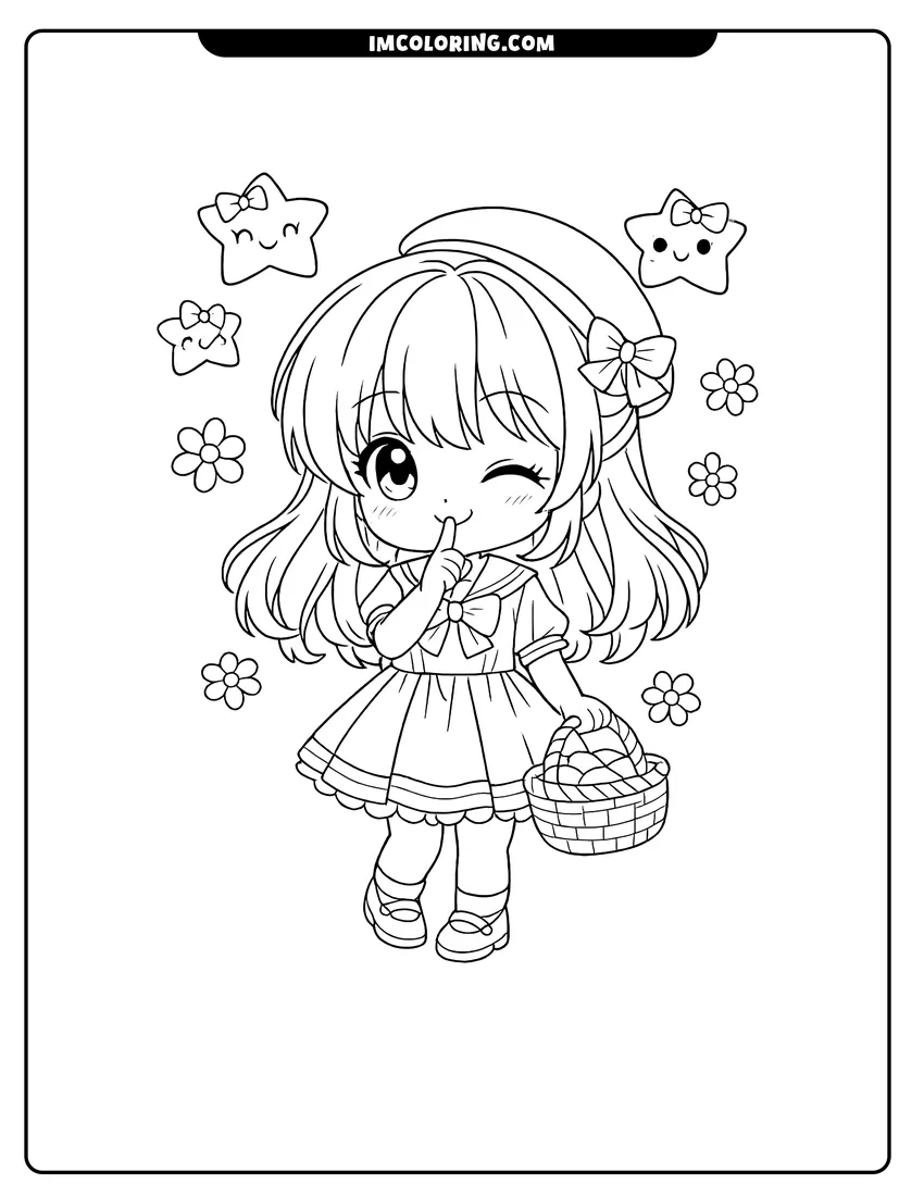 Illustration of Chibi anime girl winking and carrying a basket ready for painting