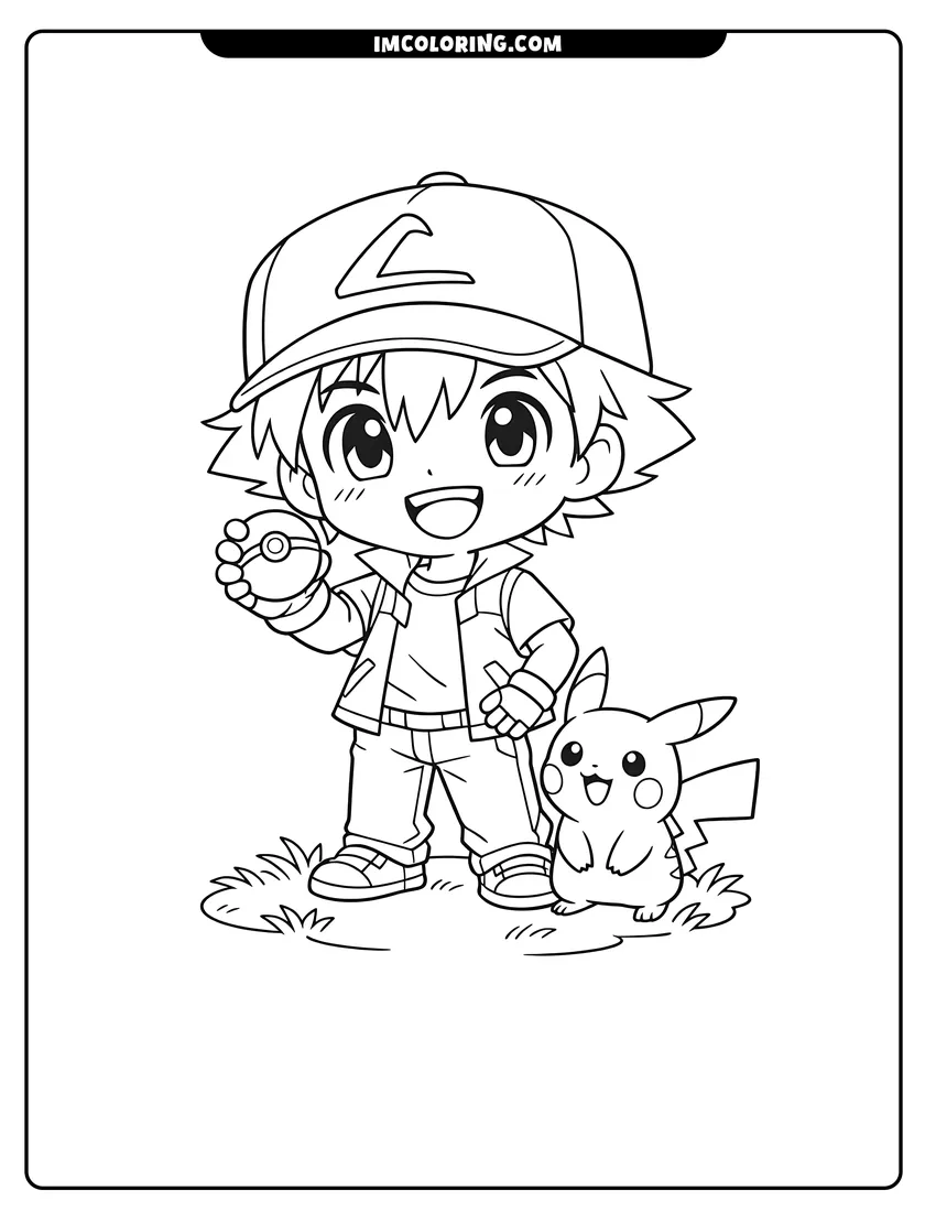 Kawaii style Chibi Ash Ketchum and Pikachu on grass coloring picture