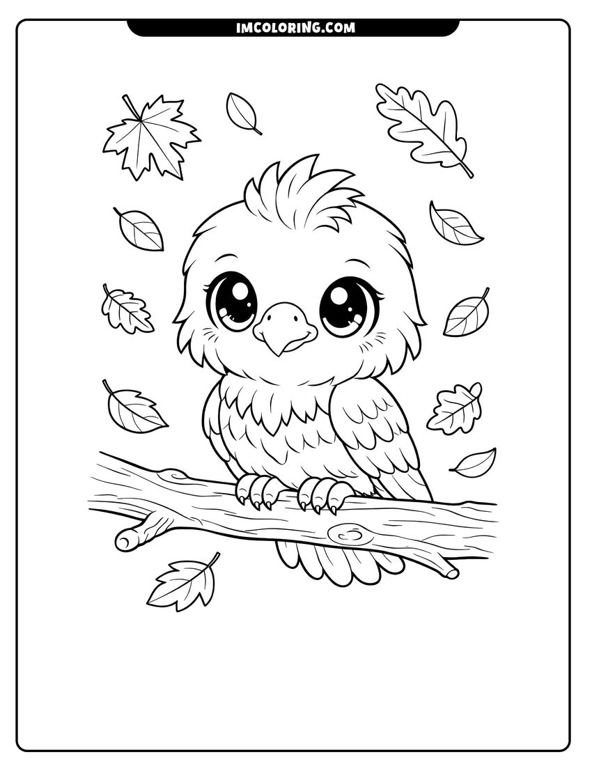 Kids activity sheet showing Chibi bald eagle with big eyes and leaves