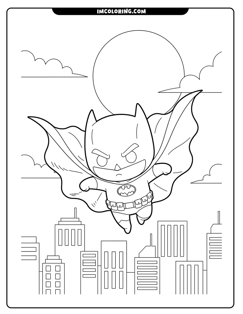 Coloring sheet of Chibi Batman jumping over buildings with a full moon for kids
